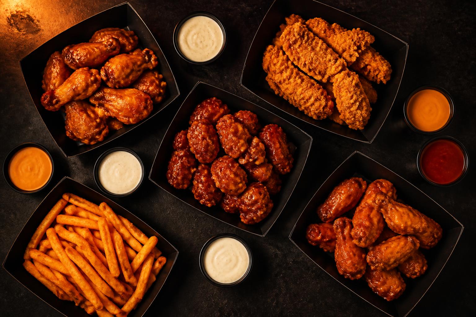 Combo de alitas, boneless y papas especiales de Alas Box listo para pedir